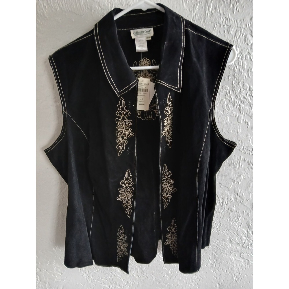 Women's Coldwater Creek Black Folk Stitched Suede Vest Size 2X